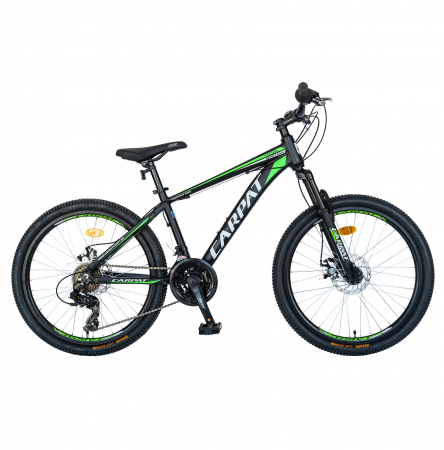 Bicicleta MTB-HT Carpat, Shimano Tourney TY-300, 21 Viteze, Cadru Aluminiu, Roti 24 Inch, Frane pe Disc, Carpat CSC24/99A, culoare Negru cu Design Verde [0]