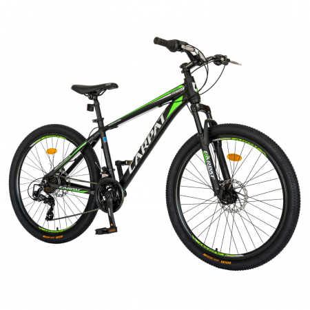 Bicicleta MTB-HT Carpat, Shimano Tourney TY-300, 21 Viteze, Cadru Aluminiu, Roti 26 Inch, Frane pe Disc, Carpat CSC26/99A, Negru cu Design Verde [1]
