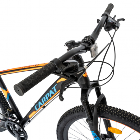 Bicicleta MTB-HT Carpat, Shimano Tourney TY-300, 21 Viteze, Cadru Aluminiu, Roti 27.5 Inch, Frane pe Disc,Carpat CSC27/57C, Negru cu Design Portocaliu [4]