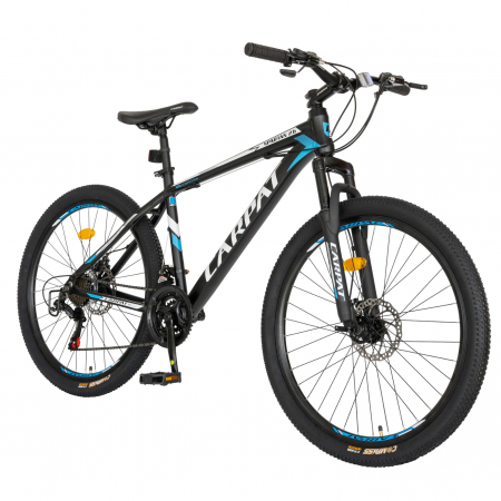 Bicicleta MTB-HT Carpat, Shimano Tourney TZ500D, 21 viteze, Roti 26 Inch, Cadru Aluminiu 6061, Frane pe Disc, Carpat CSC26/58C, Negru cu Design Albastru/Alb [1]