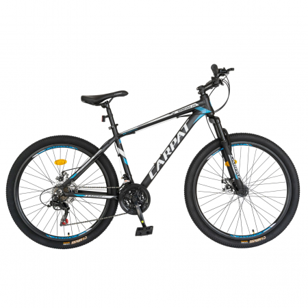 Bicicleta MTB-HT Carpat, Shimano Tourney TZ500D, 21 viteze, Roti 26 Inch, Cadru Aluminiu 6061, Frane pe Disc, Carpat CSC26/58C, Negru cu Design Albastru/Alb [0]