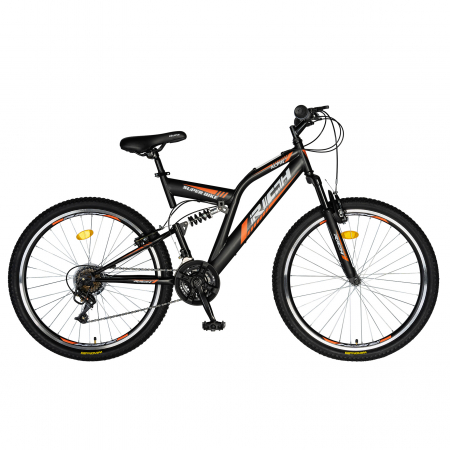 Bicicleta munte, dubla suspensie, RICH R2449A, roata 24", frana V-Brake, 18 viteze, negru/portocaliu [0]