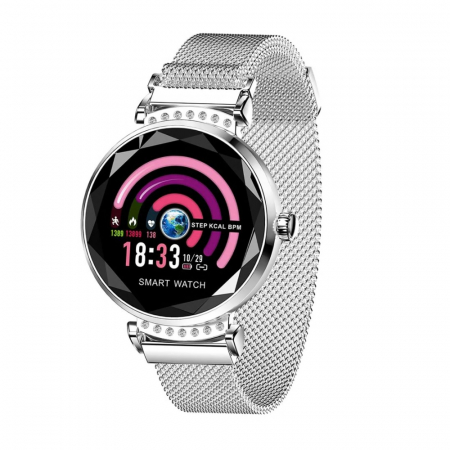 Ceas Smartwatch fitness fashion H2 cu functie de monitorizare ritm cardiac, Notificari, Pedometru, Bluetooth, Metal, Argintiu [1]