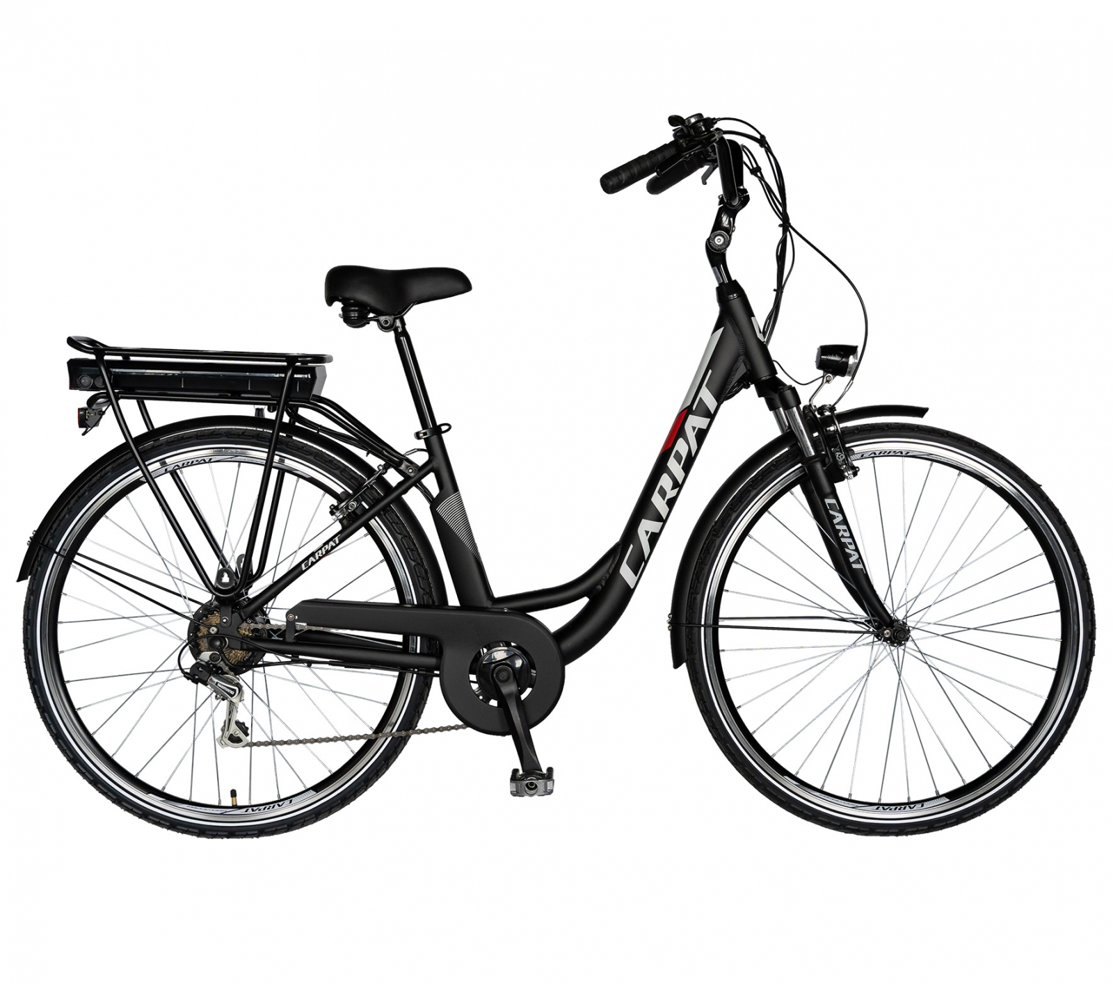 Footpad Make eternal Bicicleta electrica City (E-BIKE) CARPAT C1010E, roata 28", cadru aluminiu,  frane V-Brake, transmisie SHIMANO 7 viteze, culoare negru/alb