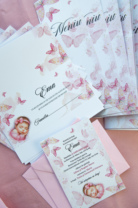 Invitatie de botez Fluturi roz si bebelus [2]