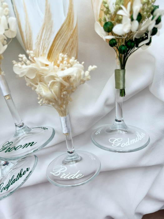 Set de 4 pahare pictate - alb/verde smarald si auriu cu flori uscate si criogenate [4]