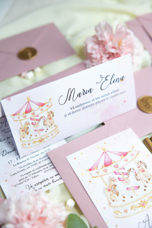 Colecția Nestemate și unicorni - Invitatie de botez Carusel caluti