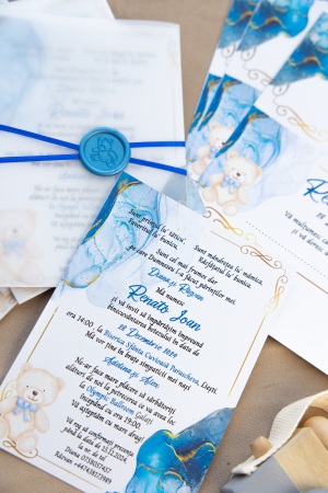 Colecția Nestemate și unicorni - Invitatie de botez Marble teddy