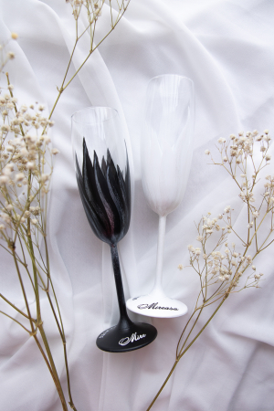 Pahare nuntă - Set de 2 pahare miri pictate - Feather spark