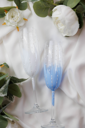 Pahare nuntă - Set de 2 pahare pictate - bleu si alb