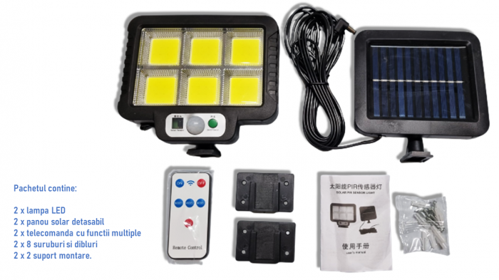 Pachet 2 x Lampa Solara 50W - 96 LED COB, cu PANOU DETASABIL [7]