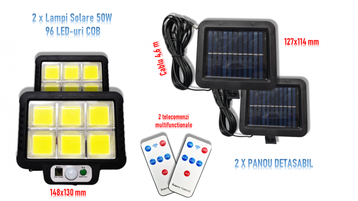 Pachet 2 x Lampa Solara 50W - 96 LED COB, cu PANOU DETASABIL [9]