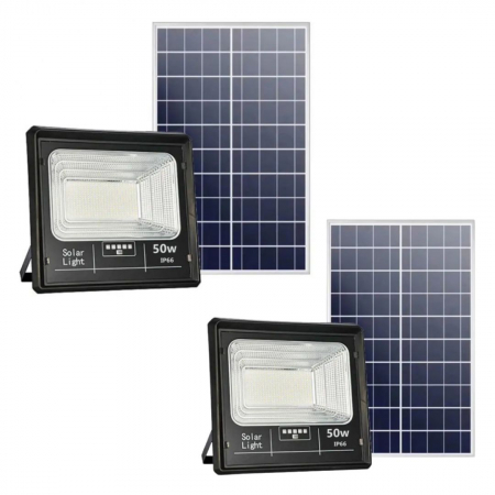 Lampi Solare - Pachet 2 x Proiector Solar Jortan 50W , IP66 , Indicator Baterie , Telecomanda , 6500k + cadou surpriza