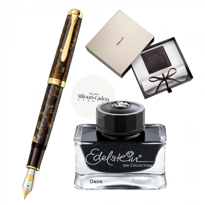 Set Pelikan M1000 Renaissance Brown + Calimara cerneala Edelstein Onyx 50ML [2]