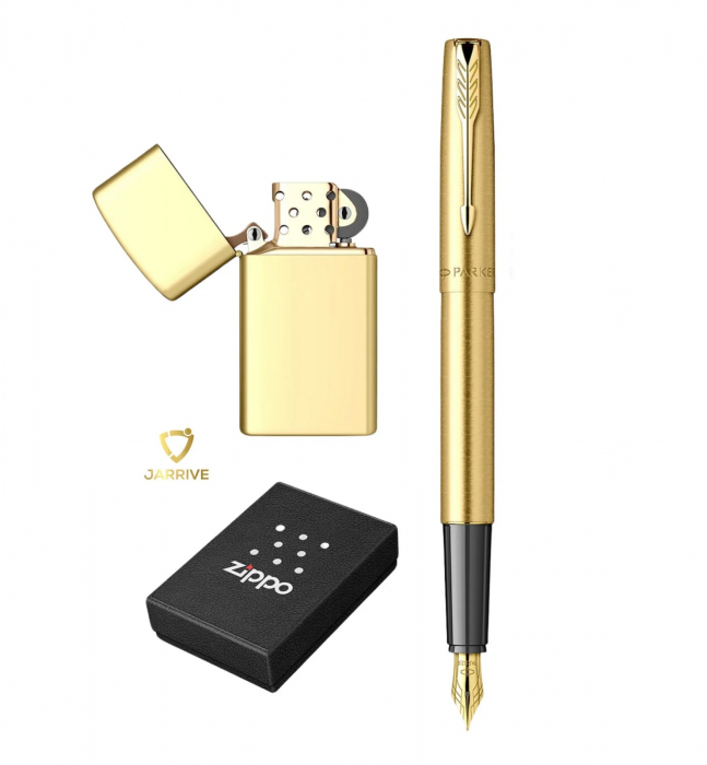 Set Stilou Parker Frontier Gold + Bricheta Zippo Executive Aurie 204B [1]