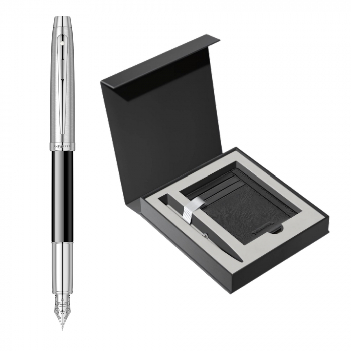 Set Stilou Sheaffer 100 Glossy Black & Brushed Chrome + Cutie cu Suport Card din Piele [1]