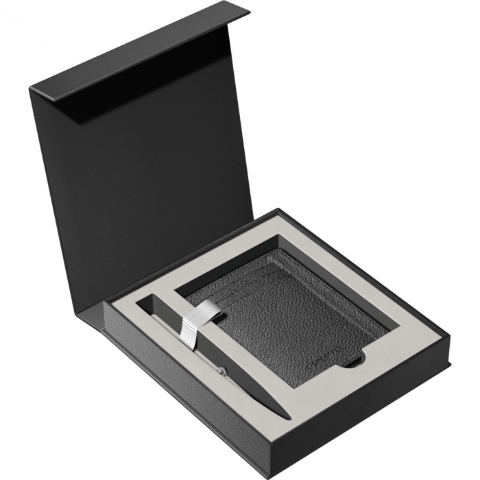 Set Stilou Sheaffer 100 Glossy Black & Brushed Chrome + Cutie cu Suport Card din Piele [3]