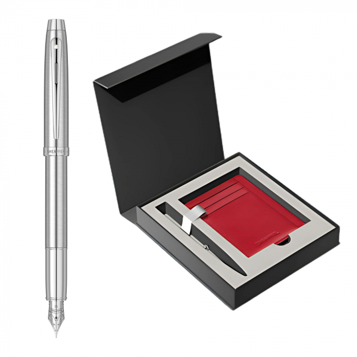Set Stilou Sheaffer 100 Brushed Chrome + Cutie cu Suport Card din Piele [1]