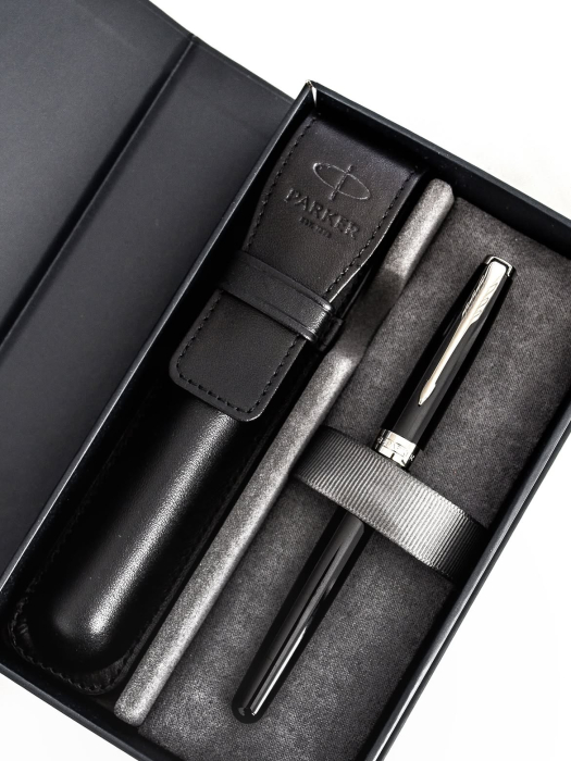 Set Stilou Sonnet Royal 18k Black CT in cutie Parker cu etui Piele, Parker [3]