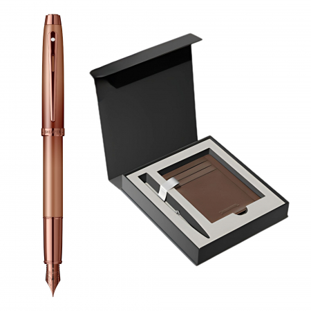 Seturi instrumente de scris - Set Stilou Sheaffer 100 Coffee Mat + Cutie cu Suport Card din Piele