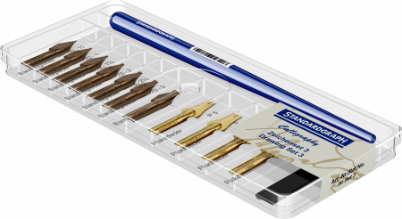 Set 1 toc port-penita, 1 magnet si selectie de 11 penite pentru grafica/ desen si caligrafie italic [1]