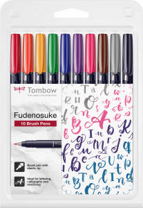Markere permanente - Fudenosuke Small Writing Vivid Colour Hard, Set 10 Culori Tombow