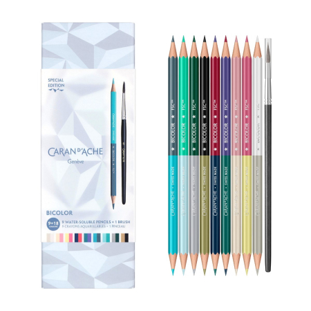 Creioane Colorate Aquarela - Set 9 Creioane Bicolore Acuarelabile + Pensula SE Xmas25 Alpine Frost, Caran d'Ache