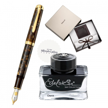 Set Pelikan M1000 Renaissance Brown + Calimara cerneala Edelstein Onyx 50ML [1]