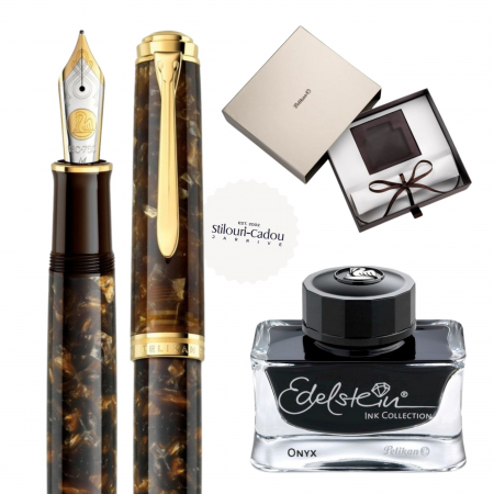 Seturi Pelikan Souveran - Set Pelikan M1000 Renaissance Brown + Calimara cerneala Edelstein Onyx 50ML
