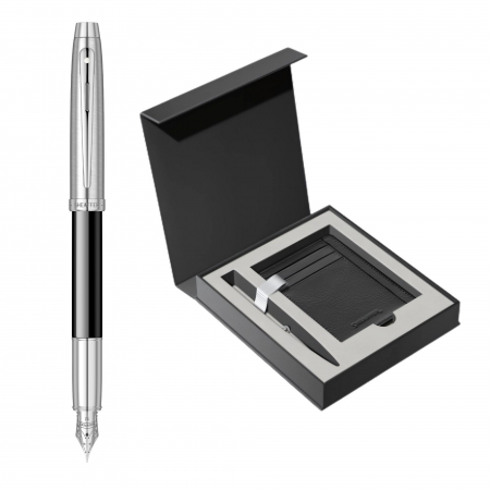 Seturi instrumente de scris - Set Stilou Sheaffer 100 Glossy Black & Brushed Chrome + Cutie cu Suport Card din Piele