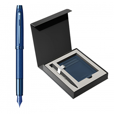 Seturi instrumente de scris - Set Stilou Sheaffer 100 Satin Blue + Cutie cu Suport Card din Piele