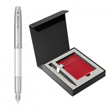 Seturi instrumente de scris - Set Stilou Sheaffer 100 Glossy White + Cutie cu Suport Card din Piele