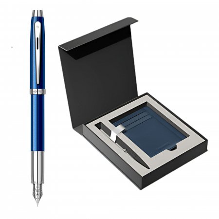 Seturi instrumente de scris - Set Stilou Sheaffer 100 Glossy Blue + Cutie cu Suport Card din Piele