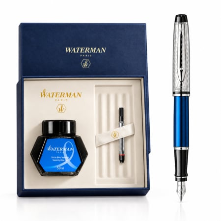 Seturi Expert - Set Stilou Waterman Expert DeLuxe Metallic Blue + Călimară Cerneală + Convertor