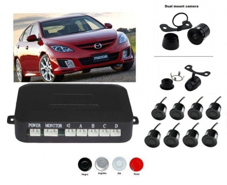 Senzori parcare fata spate cu camera video fata (nu este inclusa) si camera video marsarier (inclusa) fara display S600-8, Negru