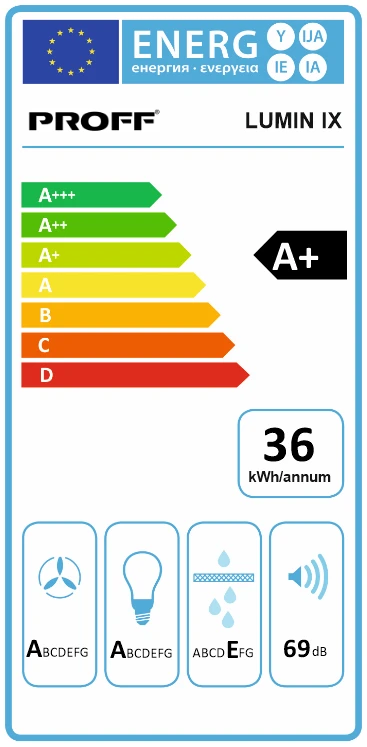Hotă incorporabilă PROFF Lumin IX, 60 cm, max. 778 m³/h, Easy Fix, clasa A+, inox [6]