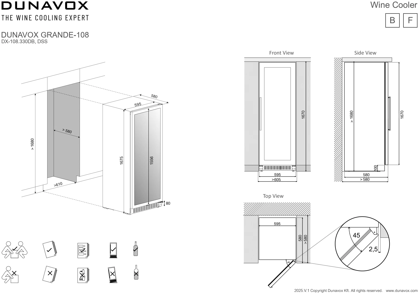 Vitrină de vin independentă sau încorporabilă Dunavox DX-108.330DSS Grande, 2 zone, 101 sticle, 167 cm, clasa G, inox [6]