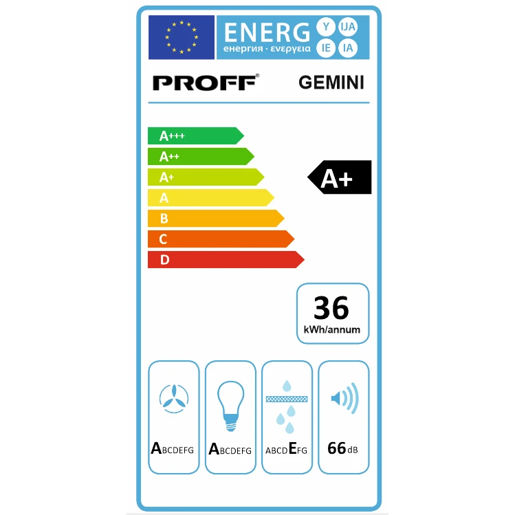 Hotă decorativă PROFF Gemini Touch, 60 cm, max. 781 m³/h, clasa A+, control tactil, sticlă neagră [8]