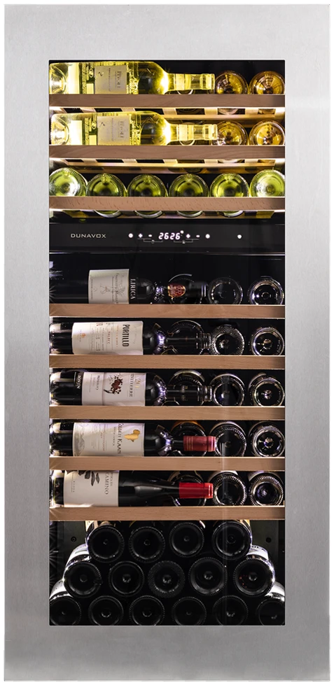 Vitrine de vin Dunavox  - Vitrină de vin încorporabilă Dunavox DAVG-72.185DSS.TO Glance, 2 zone, 72 sticle, 123,4 cm, clasa G, inox