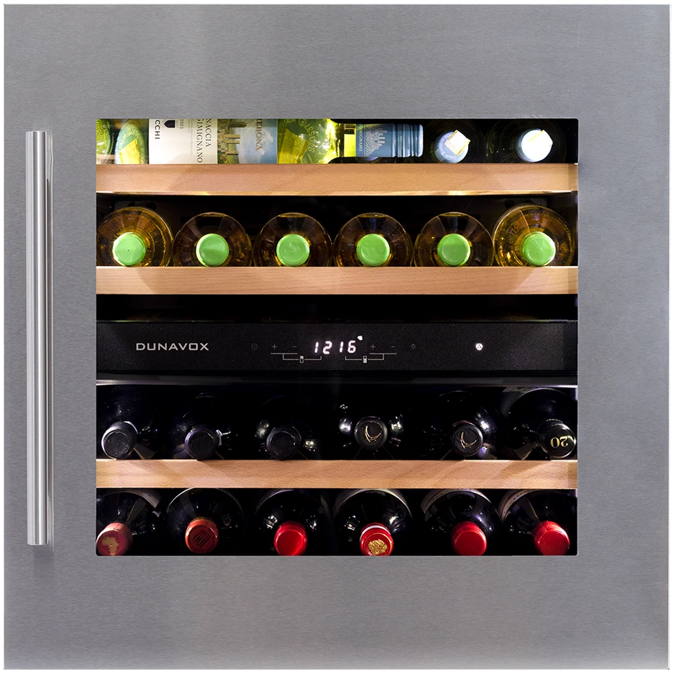 Vitrine de vin Dunavox  - Vitrină de vin încorporabilă Dunavox DAVS-25.63DSS Soul, 2 zone, 25 sticle, 59,5 cm, clasa G, inox
