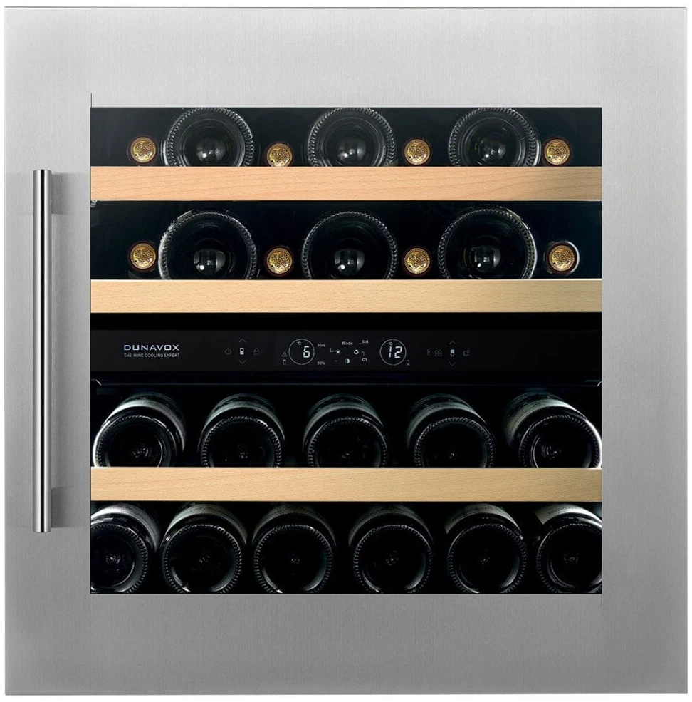 Vitrină de vin încorporabilă Dunavox DVS-25.65DSS Spirit, 2 zone, 25 sticle, 59,5 cm, clasa F, inox [1]