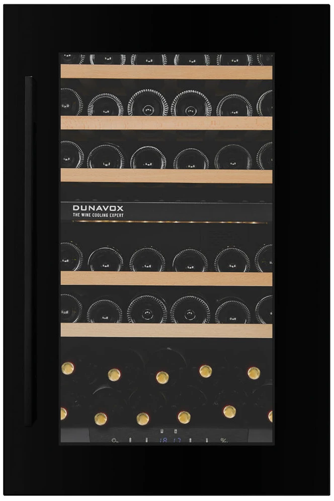 Vitrine de vin Dunavox  - Vitrină de vin încorporabilă Dunavox DXJ-42.100DB Joy, 2 zone, 42 sticle, 88,5 cm, clasa G, negru