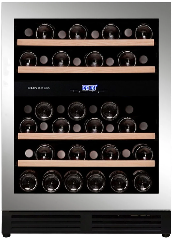 Vitrine de vin Dunavox  - Vitrină de vin încorporabilă sub blat Dunavox DAUF-45.125DSS.TO Flow, 2 zone, 45 sticle, 88 cm, clasa G, inox