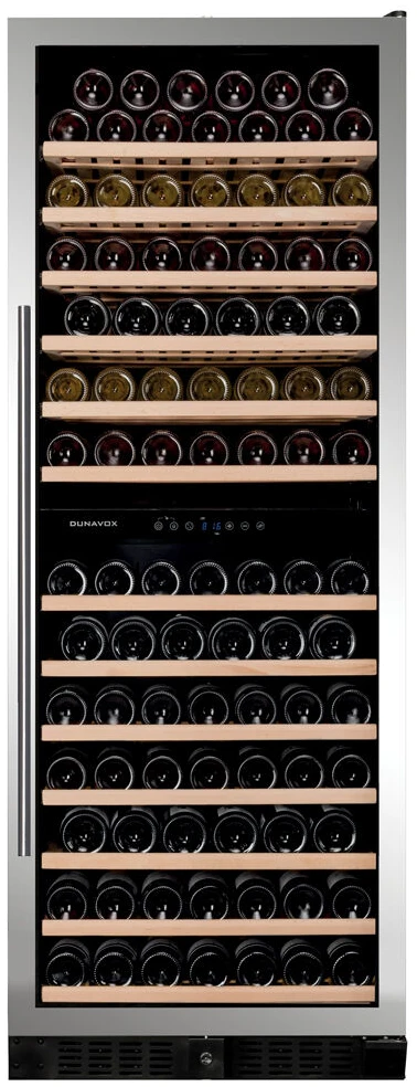 Vitrine de vin Dunavox  - Vitrină de vin independentă sau încorporabilă Dunavox DX-108.330DSS Grande, 2 zone, 101 sticle, 167 cm, clasa G, inox
