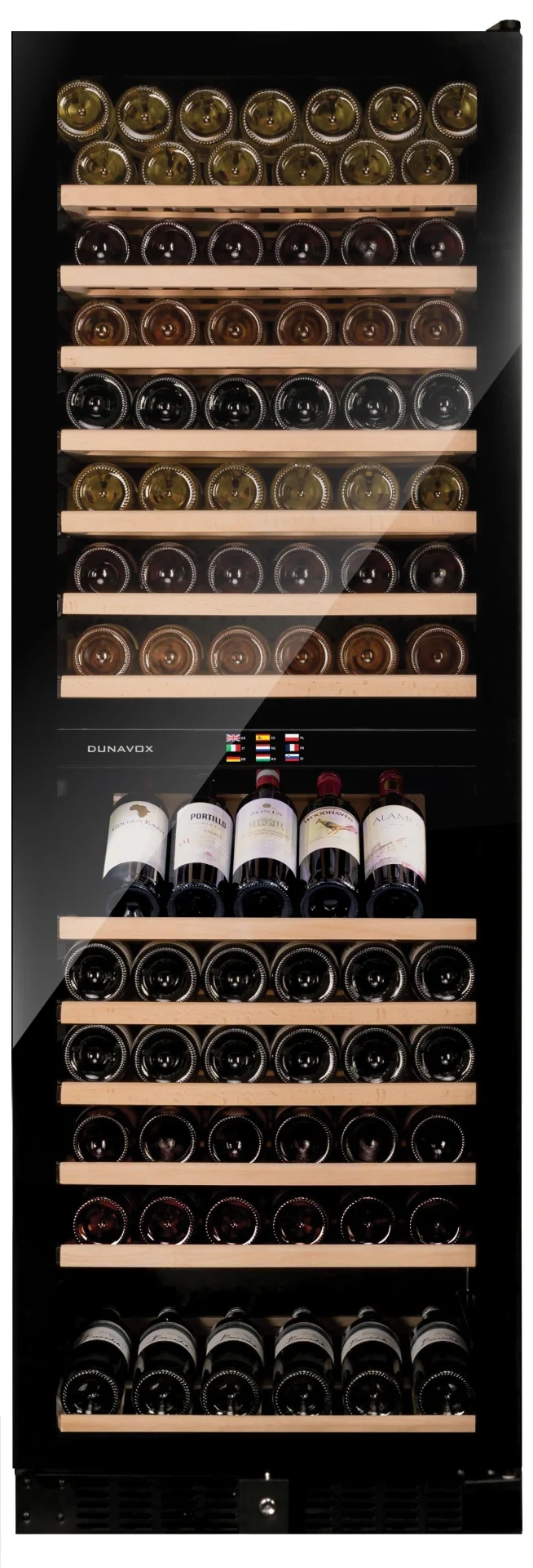 Vitrine de vin Dunavox  - Vitrină de vin independentă sau încorporabilă Dunavox DX-166.428DCK Grande, 2 zone, 166 sticle, 177 cm, clasa G, culoare RAL personalizabilă