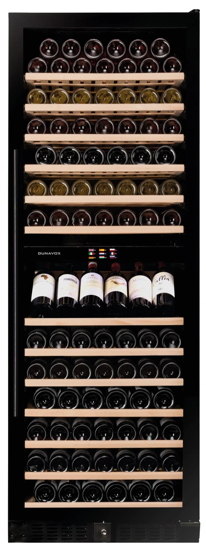 Vitrine de vin Dunavox  - Vitrină de vin independentă sau încorporabilă Dunavox DX-181.490DCK Grande, 2 zone, 181 sticle, 183,5 cm, clasa G, culoare RAL personalizabilă