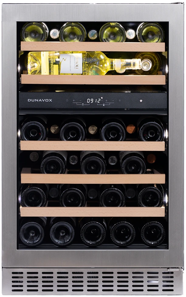 Vitrine de vin Dunavox  - Vitrină de vin sub blat sau independentă Dunavox DAUF-38.100DSS.TO Flow, 2 zone, 38 sticle, 82 cm, clasa G, inox