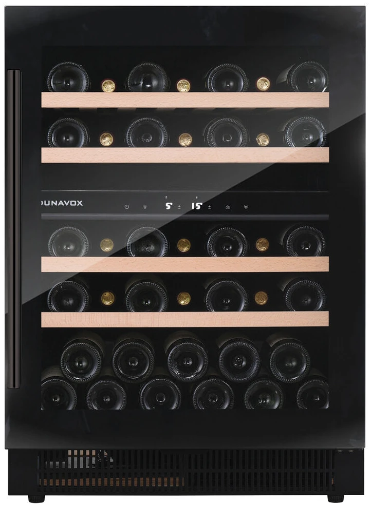 Vitrine de vin Dunavox  - Vitrină de vin sub blat sau independentă Dunavox DAUF-39.121DB Flow, 2 zone, 39 sticle, 82 cm, clasa F, negru