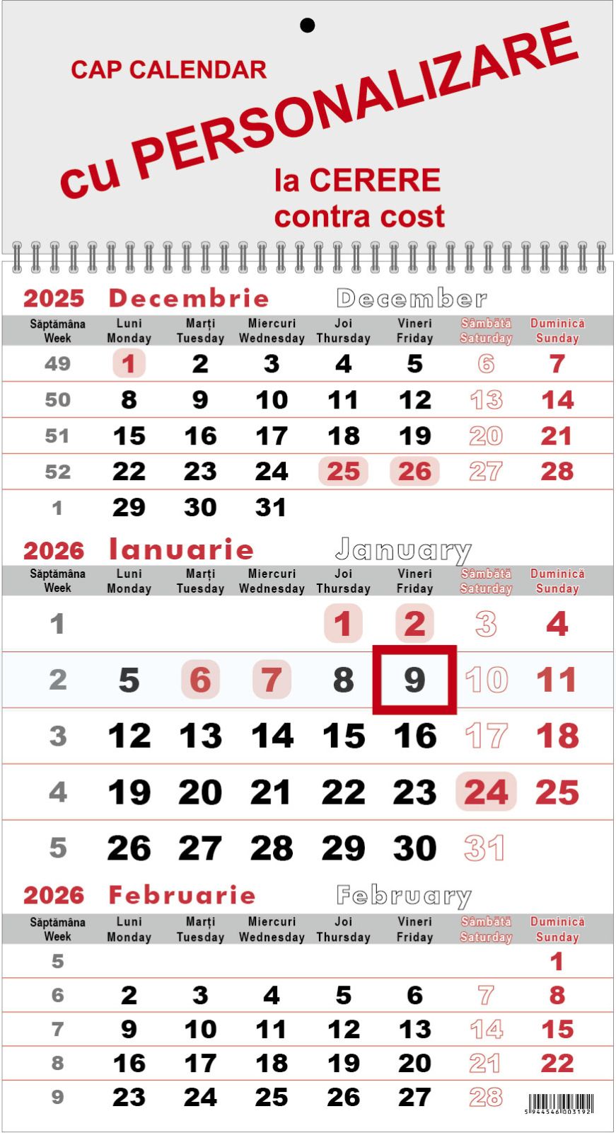 Calendar triptic de perete + cursor, 2026
