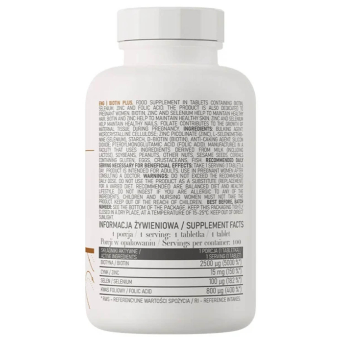 Biotină Plus Zinc, Seleniu si Acid Folic, OstroVit, 100 tablete [2]